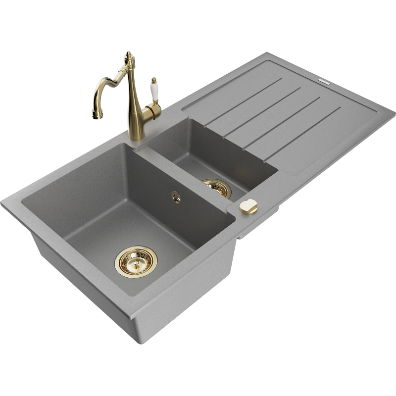 Mexen Andres fregadero de granito de 1,5 senos con escurridor y grifo de cocina Carla, gris - 6515-71-670700-50