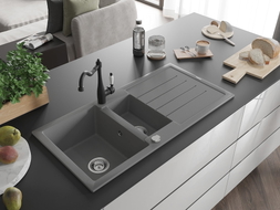 Mexen Andres granite sink 1.5-bowl with drainer and kitchen faucet Carla, gray - 6515-71-670700-70