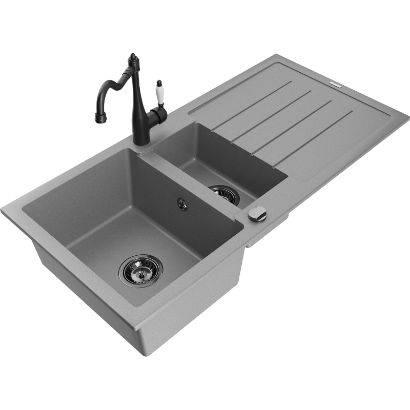 Mexen Andres fregadero de granito de 1,5 senos con escurridor y grifo de cocina Carla, gris - 6515-71-670700-70-B