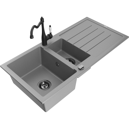 Mexen Andres granitische spoelbak 1,5-kamer met afdruipplaat en keukenmengkraan Carla, grijs - 6515-71-670700-70-B