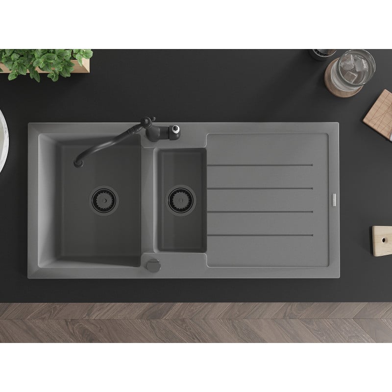 Mexen Andres granite sink 1.5-bowl with drainer and Carla kitchen tap, grey - 6515-71-670700-70-B