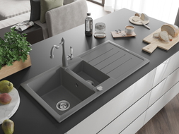 Mexen Andres granite sink 1.5-bowl with drainer and kitchen faucet Carla, gray - 6515-71-670700-71