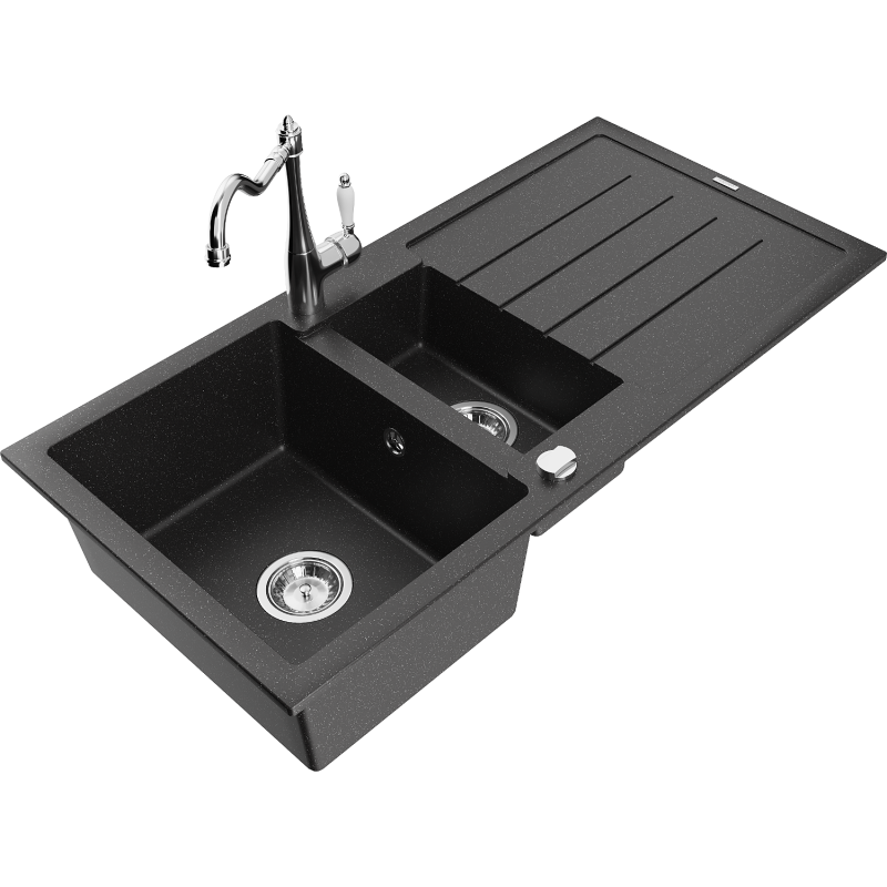 Mexen Andres fregadero de granito de 1,5 senos con escurridor y grifo de cocina Carla, negro/plata - 6515-73-670700-00