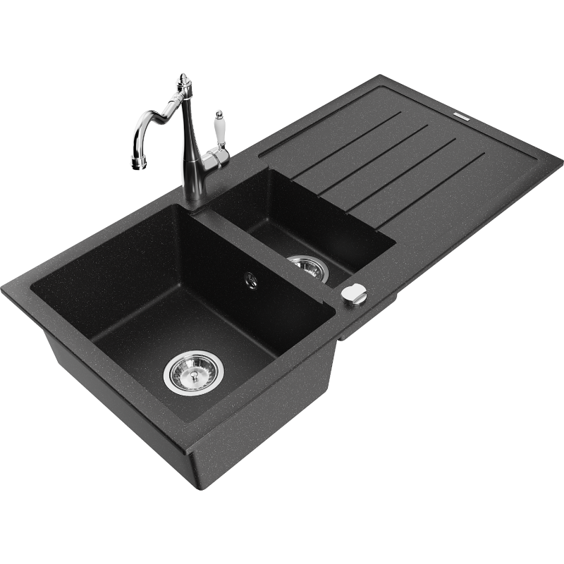 Mexen Andres Granite Sink 1.5-Bowl with Drainer and Carla Kitchen Tap, Black/Silver - 6515-73-670700-00