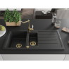 Mexen Andres fregadero de granito de 1,5 senos con escurridor y grifo de cocina Carla, negro/plateado - 6515-73-670700-50