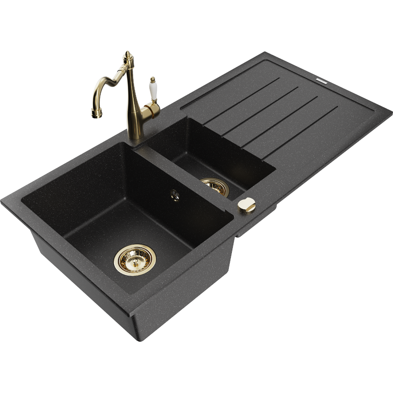 Mexen Andres fregadero de granito de 1,5 senos con escurridor y grifo de cocina Carla, negro/plata - 6515-73-670700-50