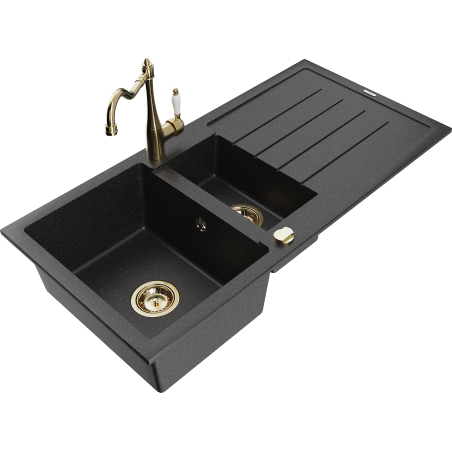 Mexen Andres fregadero de granito de 1,5 senos con escurridor y grifo de cocina Carla, negro/plata - 6515-73-670700-50