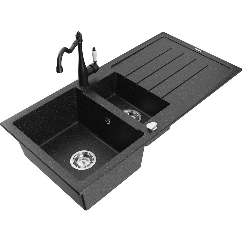 Mexen Andres fregadero de granito de 1,5 senos con escurridor y grifo de cocina Carla, negro/plateado - 6515-73-670700-70