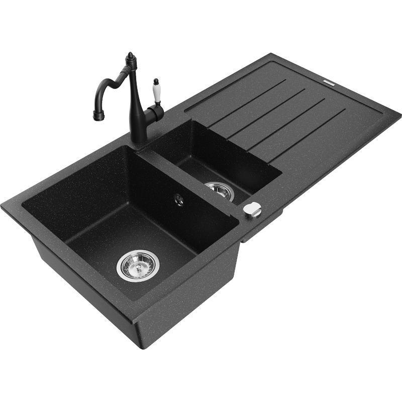 Mexen Andres lava-loiça de granito 1,5 bacia com escorredor e torneira de cozinha Carla, preto/prata - 6515-73-670700-70