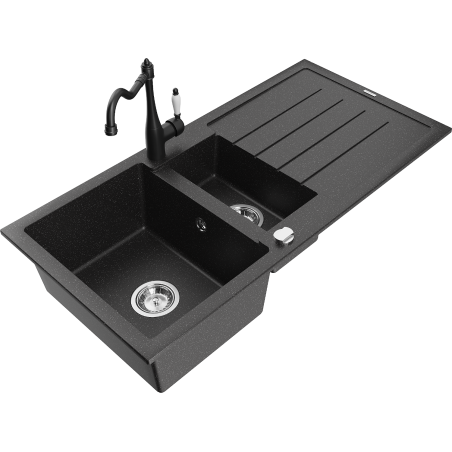 Mexen Andres granite sink 1.5-bowl with drainer and Carla kitchen mixer tap, black/silver - 6515-73-670700-70