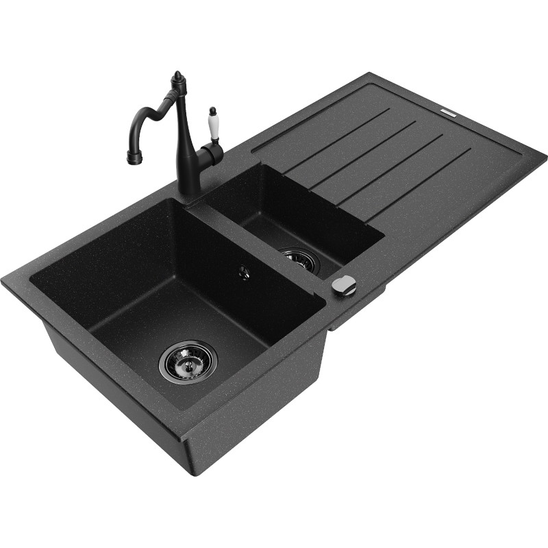Mexen Andres fregadero de cocina de granito de 1,5 senos con escurridor y grifo Carla, negro/plata - 6515-73-670700-70-B