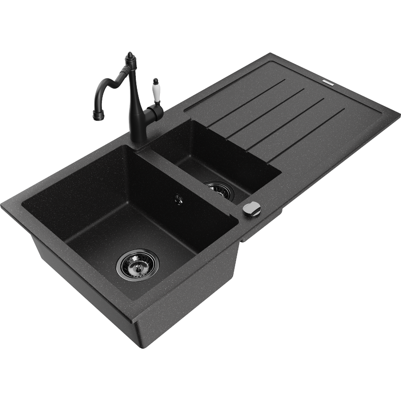 Mexen Andres fregadero de granito de 1,5 senos con escurridor y grifo de cocina Carla, negro/plata - 6515-73-670700-70-B