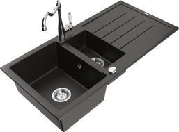 Mexen Andres granitdiskho 1,5-fack med avrinningsyta och köksblandare Carla, svart/guldmetallik - 6515-75-670700-00