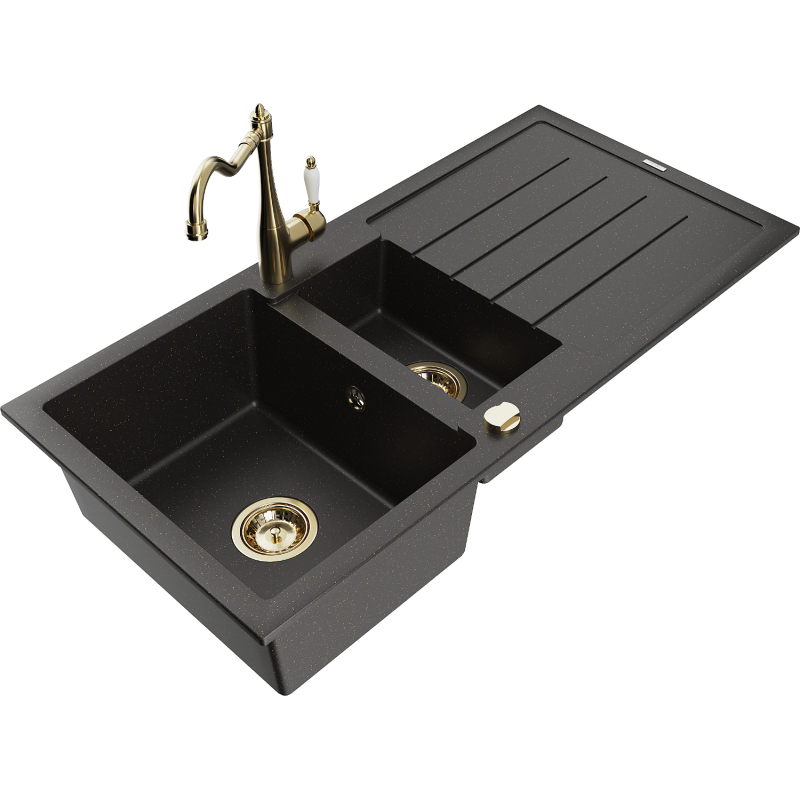 Mexen Andres Granitspüle 1,5-Kammern mit Abtropffläche und Küchenarmatur Carla, Schwarz/Gold Metallic - 6515-75-670700-50