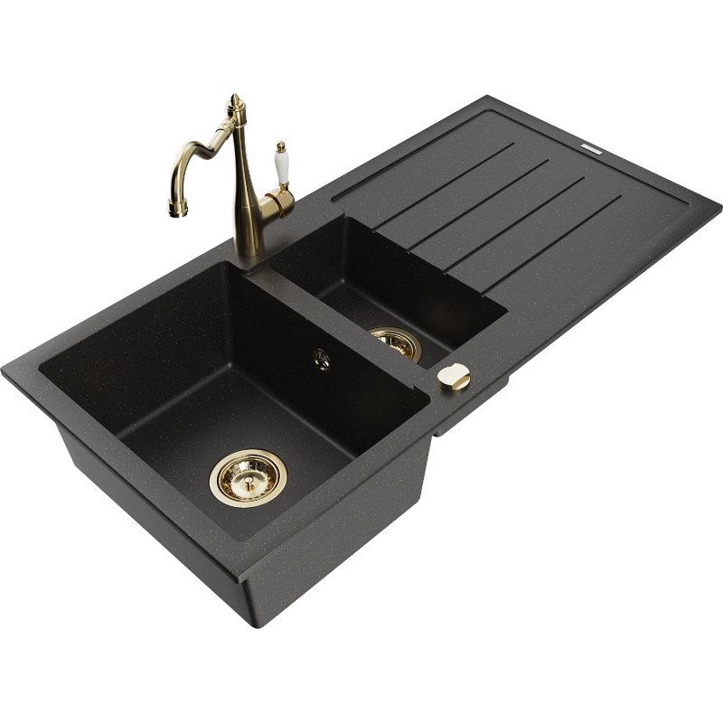 Mexen Andres lava-loiça em granito 1,5 bacias com escorredor e torneira de cozinha Carla, preto/dourado metálico
