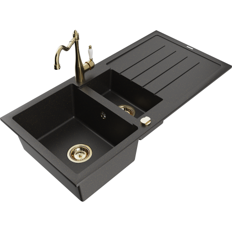 Mexen Andres évier en granit 1,5 bac avec égouttoir et robinet de cuisine Carla, noir/or métallique - 6515-75-670700-50