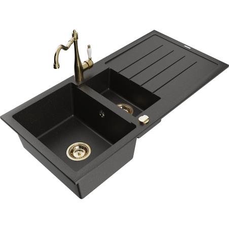 Mexen Andres Granitspüle 1,5-Kammern mit Abtropffläche und Küchenarmatur Carla, Schwarz/Gold Metallic - 6515-75-670700-50