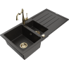 Mexen Andres granieten spoelbak 1,5-komor met afdruiprek en keukenmengkraan Carla, zwart/goud metallic - 6515-75-670700-50
