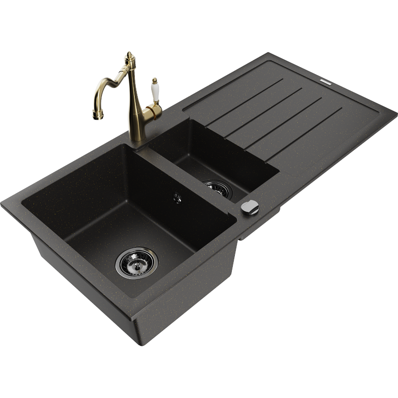 Mexen Andres fregadero de granito de 1,5 senos con escurridor y grifo de cocina Carla, negro/oro - 6515-75-670700-50-B