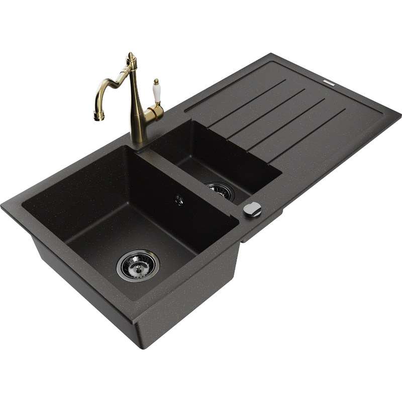 Mexen Andres granite sink 1.5-bowl with drainer and Carla kitchen tap, black/gold - 6515-75-670700-50-B