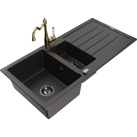 Mexen Andres granite sink 1.5-bowl with drainer and Carla kitchen tap, black/gold - 6515-75-670700-50-B