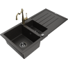 Mexen Andres granite sink 1.5-bowl with drainer and Carla kitchen tap, black/gold - 6515-75-670700-50-B