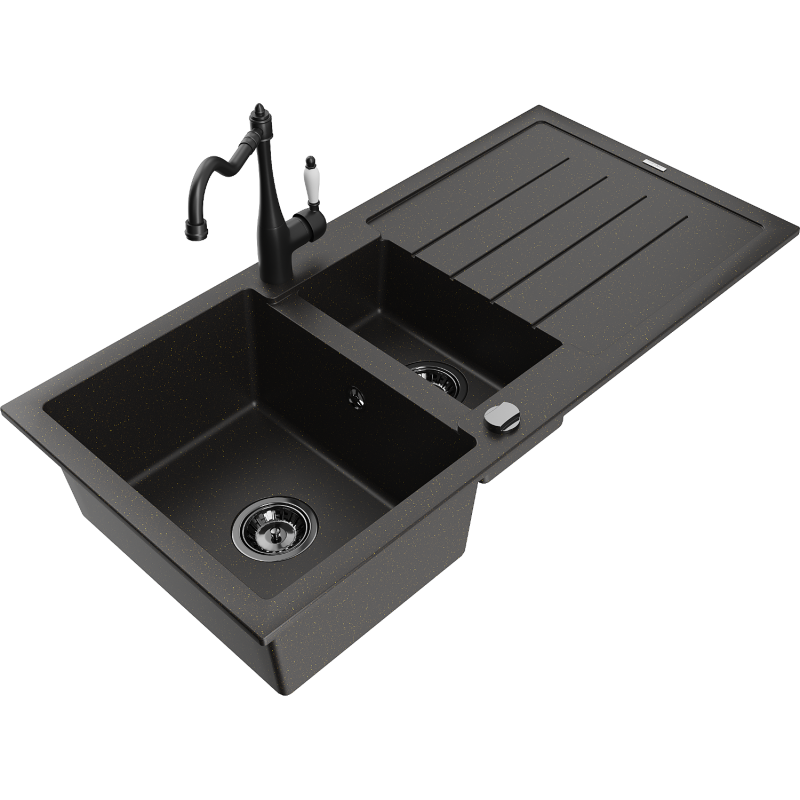 Mexen Andres fregadero de granito de 1,5 senos con escurridor y grifo de cocina Carla, negro/dorado - 6515-75-670700-70-B