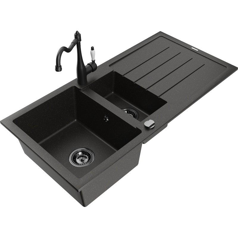 Mexen Andres granite sink with 1.5-bowl, drainer and Carla kitchen tap, black/gold - 6515-75-670700-70-B