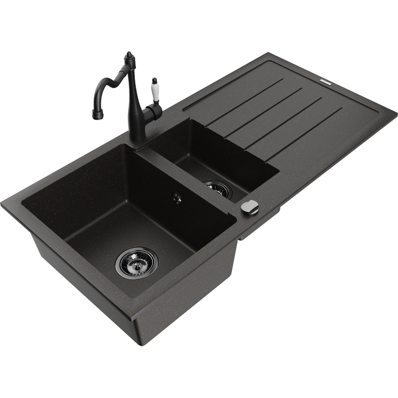 Mexen Andres lava-loiça de granito 1,5-cubas com escorredor e torneira de cozinha Carla, preto/dourado - 6515-75-670700-70-B