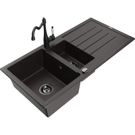 Mexen Andres granite sink with 1.5-bowl, drainer and Carla kitchen tap, black/gold - 6515-75-670700-70-B