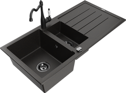 Mexen Andres Granit Kitchen Sink 1.5-Bowl with Drainer and Carla Faucet, Black/Gold - 6515-75-670700-70-B