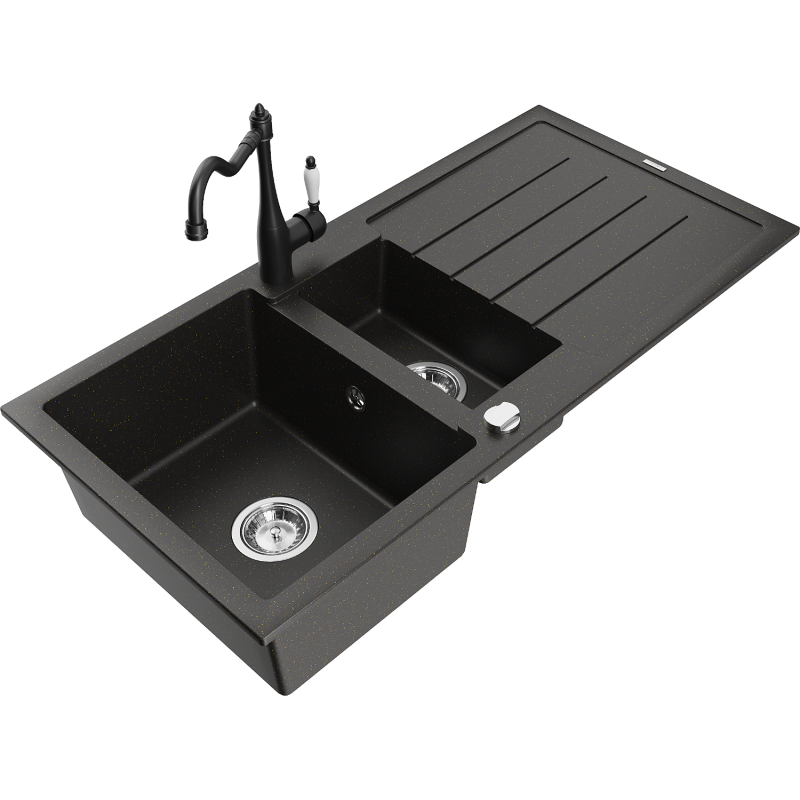 Mexen Andres granite sink 1.5-bowl with drainer and Carla kitchen tap, black/gold - 6515-75-670700-70
