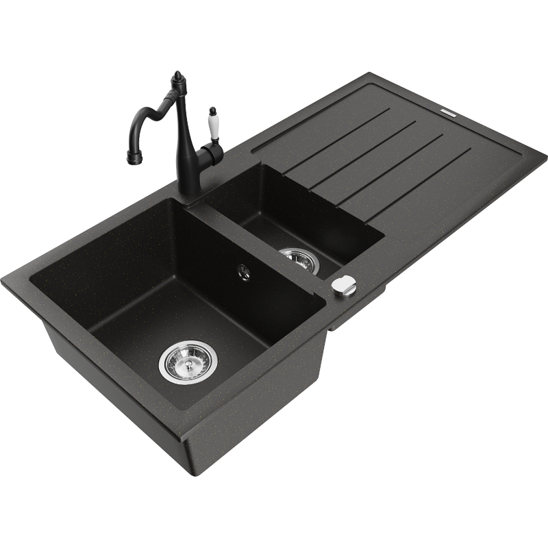 Mexen Andres Granitspüle 1,5-beckig mit Abtropffläche und Küchenarmatur Carla, schwarz/gold - 6515-75-670700-70