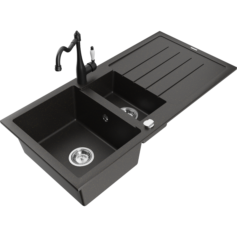 Mexen Andres lavello in granito 1,5 vasche con scolapiatti e rubinetto da cucina Carla, nero/oro - 6515-75-670700-70