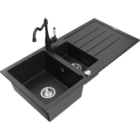Mexen Andres fregadero de granito con 1,5 cubetas y escurridor con grifo de cocina Carla, negro/dorado - 6515-75-670700-70