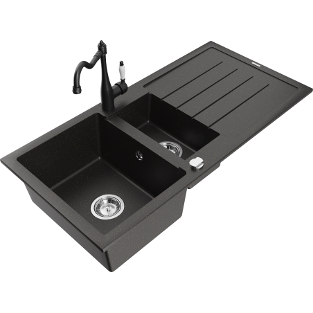 Mexen Andres granite sink 1.5-bowl with drainer and Carla kitchen tap, black/gold - 6515-75-670700-70