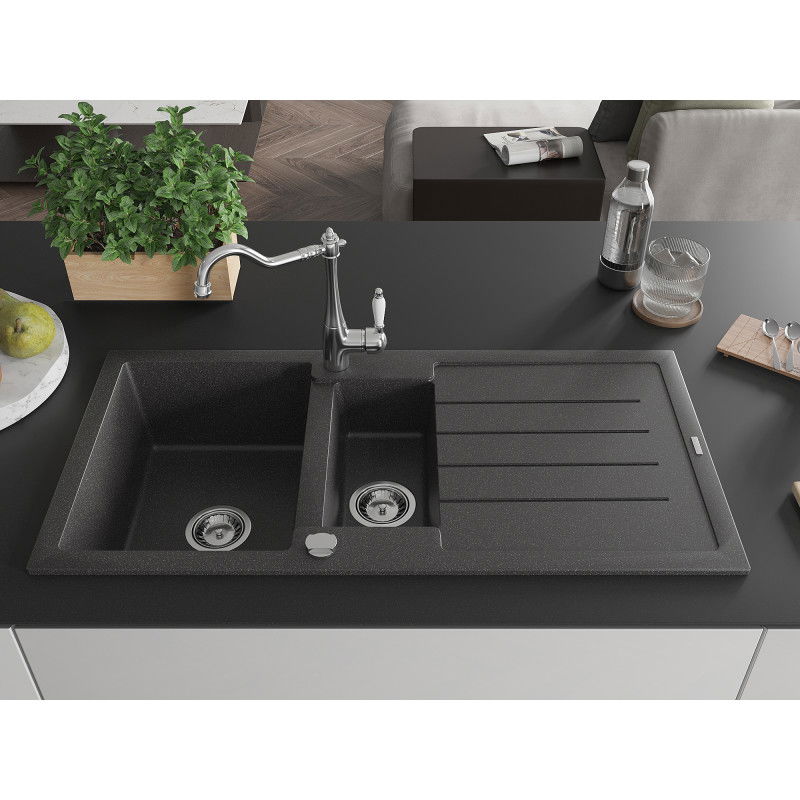 Mexen Andres granite sink 1.5-bowl with drainer and Carla kitchen tap, speckled black - 6515-76-670700-00