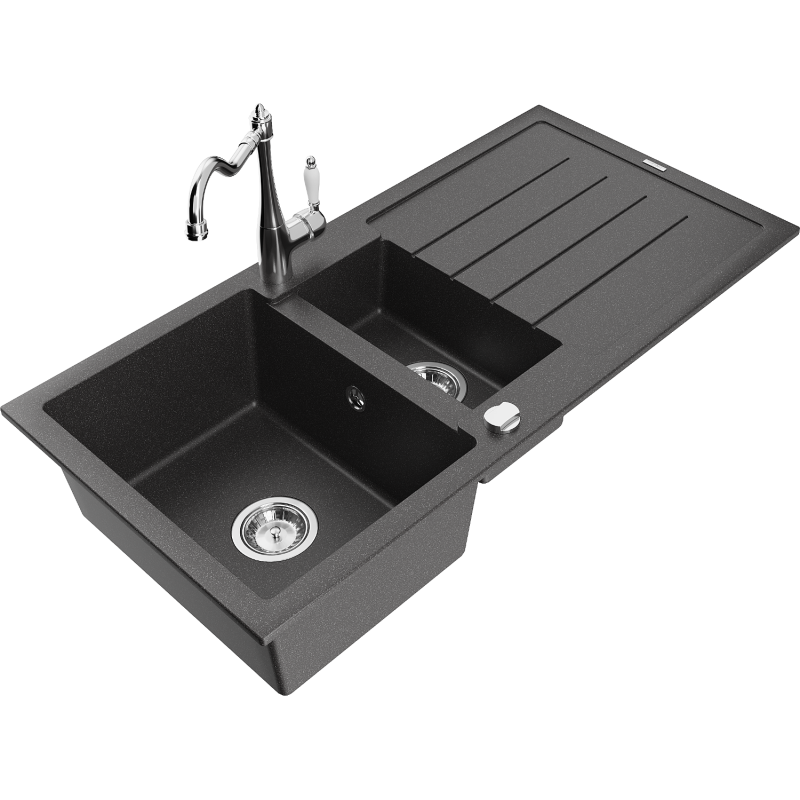 Mexen Andres fregadero de granito de 1,5 senos con escurridor y grifo de cocina Carla, negro moteado - 6515-76-670700-00