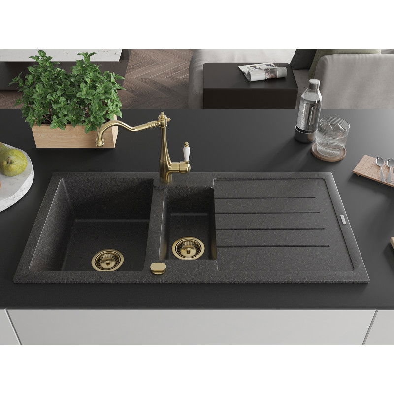 Mexen Andres granite sink 1.5-bowl with drainer and Carla kitchen tap, speckled black - 6515-76-670700-50
