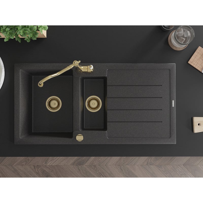 Mexen Andres granite sink 1.5-bowl with drainer and Carla kitchen tap, speckled black - 6515-76-670700-50