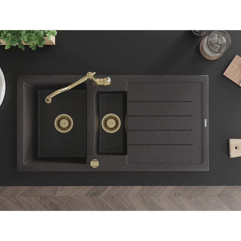 Mexen Andres granitno pomivalno korito 1,5-komorno z odcejalnikom in kuhinjsko pipo Carla, črno s pikami - 6515-76-670700-50