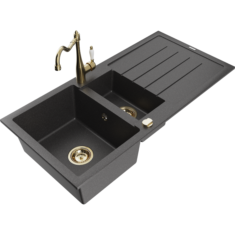 Mexen Andres lavello in granito 1,5 vasche con scolapiatti e rubinetto cucina Carla, nero screziato - 6515-76-670700-50
