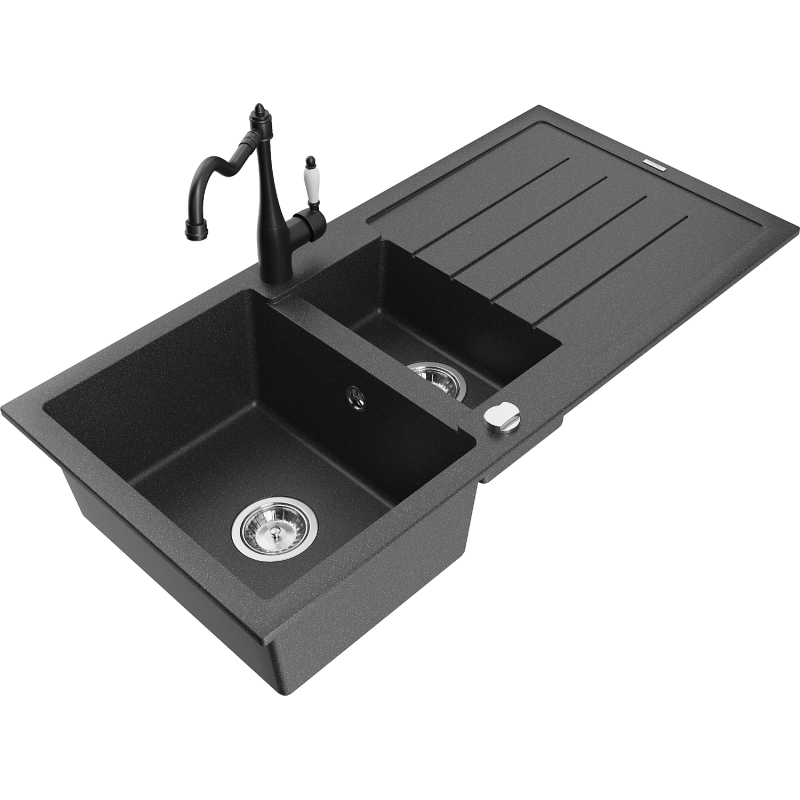 Mexen Andres granite sink 1.5-bowl with drainer and Carla kitchen tap, black speckled - 6515-76-670700-70