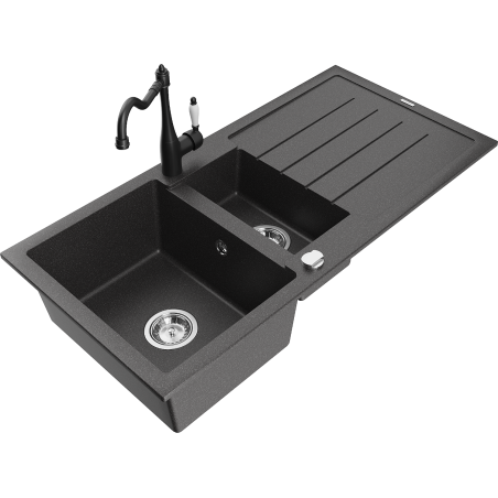Mexen Andres granite sink 1.5-bowl with drainer and Carla kitchen tap, black speckled - 6515-76-670700-70
