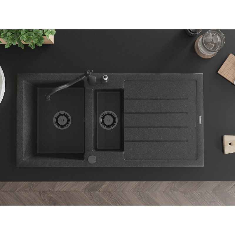 Mexen Andres granite sink 1.5-compartment with drainer and Carla kitchen tap, speckled black - 6515-76-670700-70-B