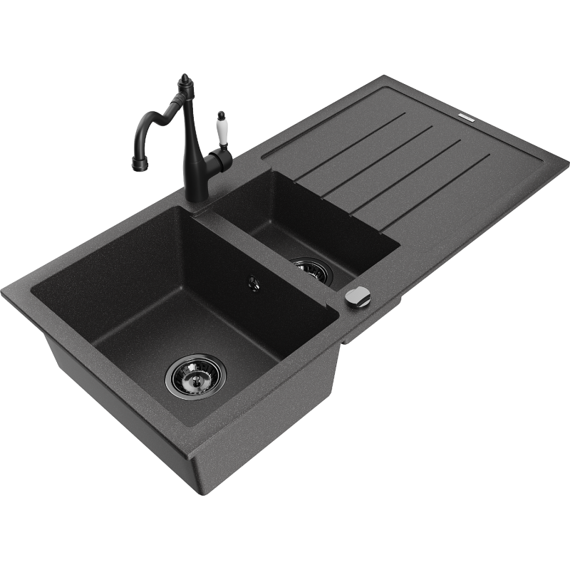 Mexen Andres lava-louça de granito 1,5-cubas com escorredor e torneira de cozinha Carla, preto salpicado - 6515-76-670700-70-B