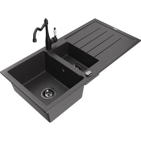 Mexen Andres granite sink 1.5-compartment with drainer and Carla kitchen tap, speckled black - 6515-76-670700-70-B