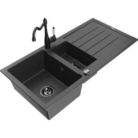 Mexen Andres Granitspüle 1,5-becken mit Abtropffläche und Küchenarmatur Carla, schwarz gesprenkelt - 6515-76-670700-70-B