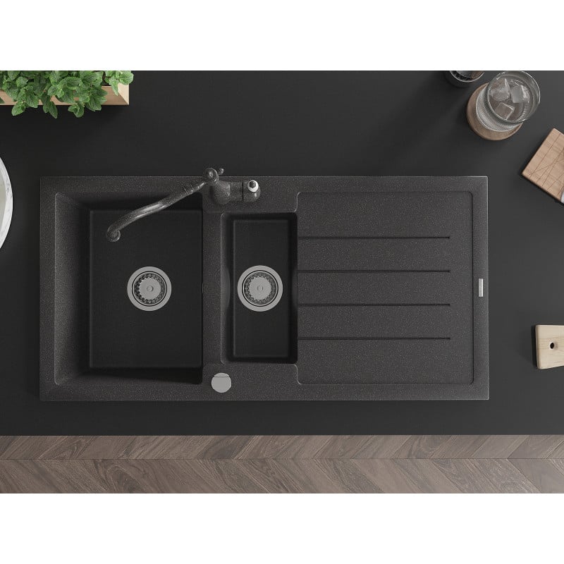 Mexen Andres granitdiskho 1,5-fack med avrinning och köksblandare Carla, svart prickig - 6515-76-670700-76