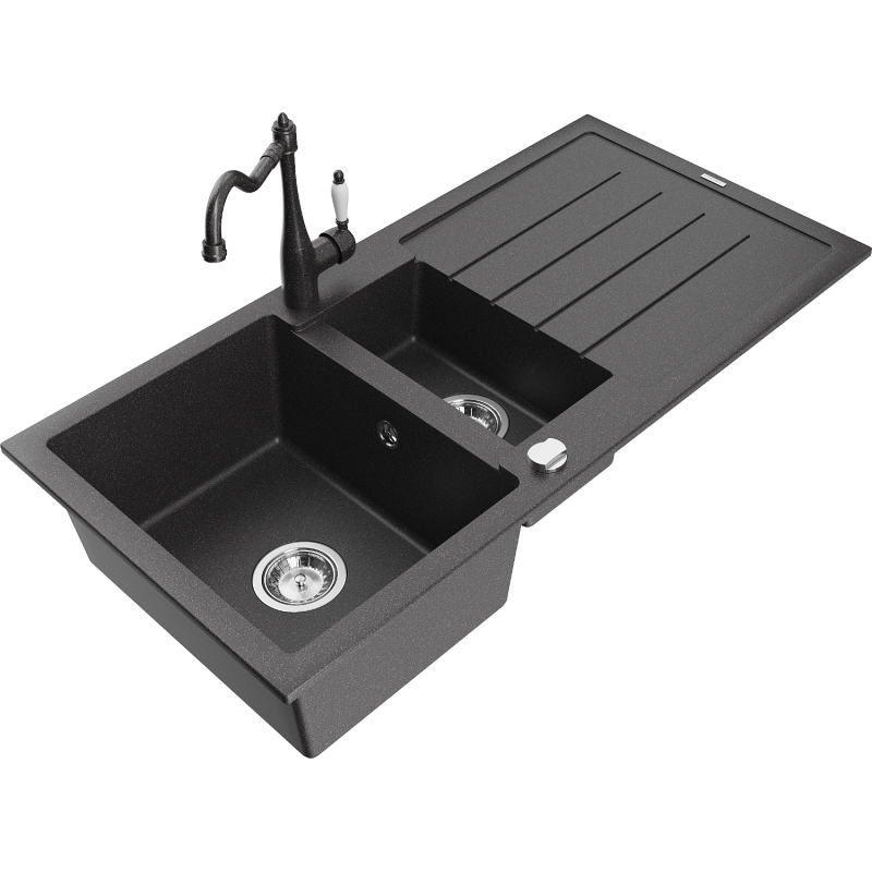 Mexen Andres évier en granit 1,5 bac avec égouttoir et robinet de cuisine Carla, noir moucheté - 6515-76-670700-76